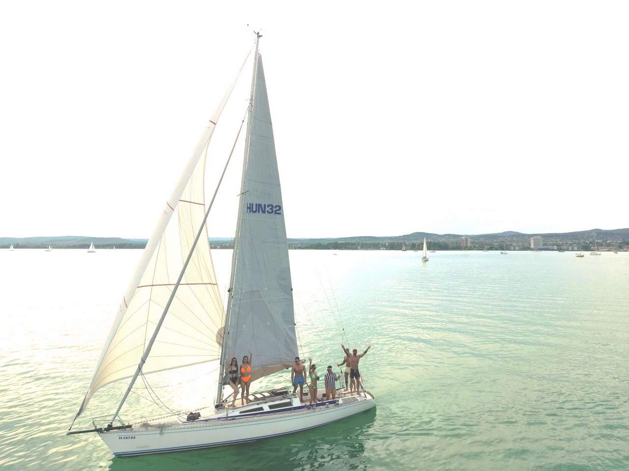Drone photo of Jackpot sailing on Lake Balaton